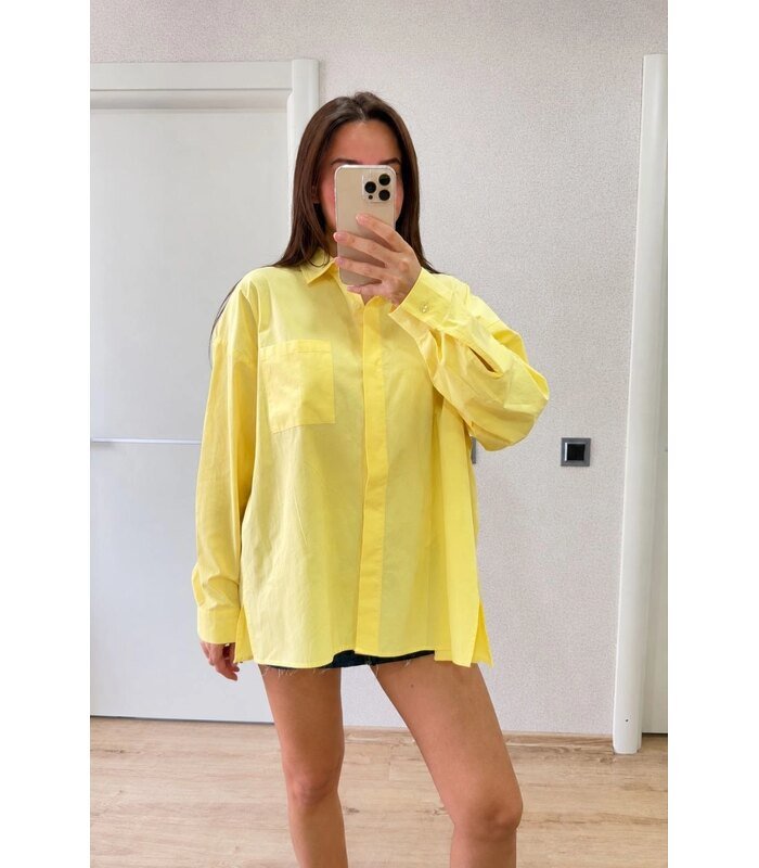Kadın Oversize Pens Detaylı Cepli Yırtmaçlı Rahat Kalıp Poplin Gömlek - Sarı