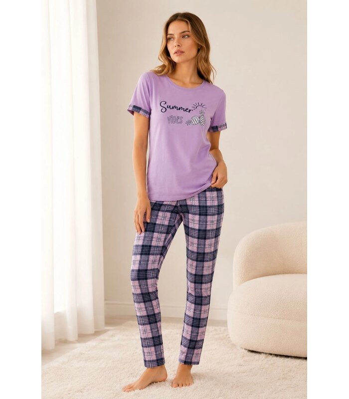 Kadın Pamuklu Penye Summer Baskılı Kısa Kollu Pijama Takımı Bisiklet Yaka Ekose Desenli - Lila