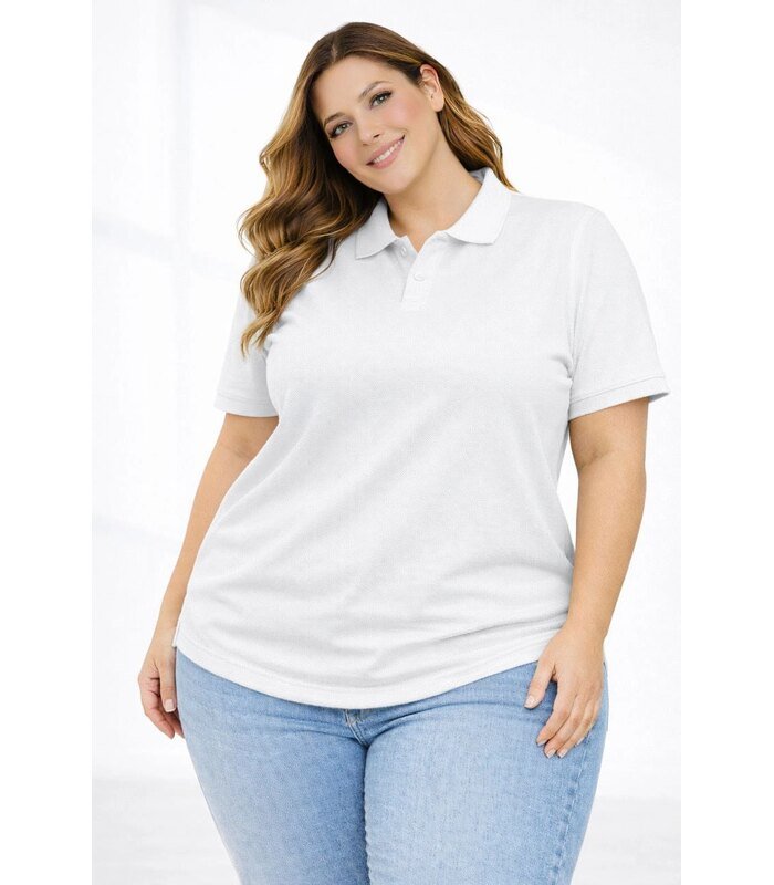 Kadın Battal Beden Tişört Polo Yaka Pike Kumaş Kısa Kol T-Shirt - Beyaz