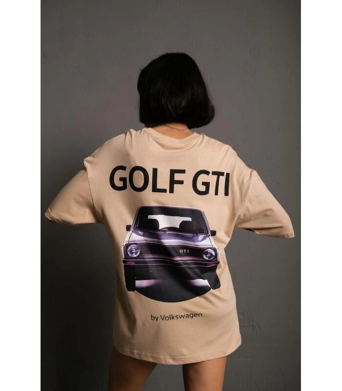 Kadın Oversize Tişört Golf GTI Retro Araba Baskılı T-shirt - Bej
