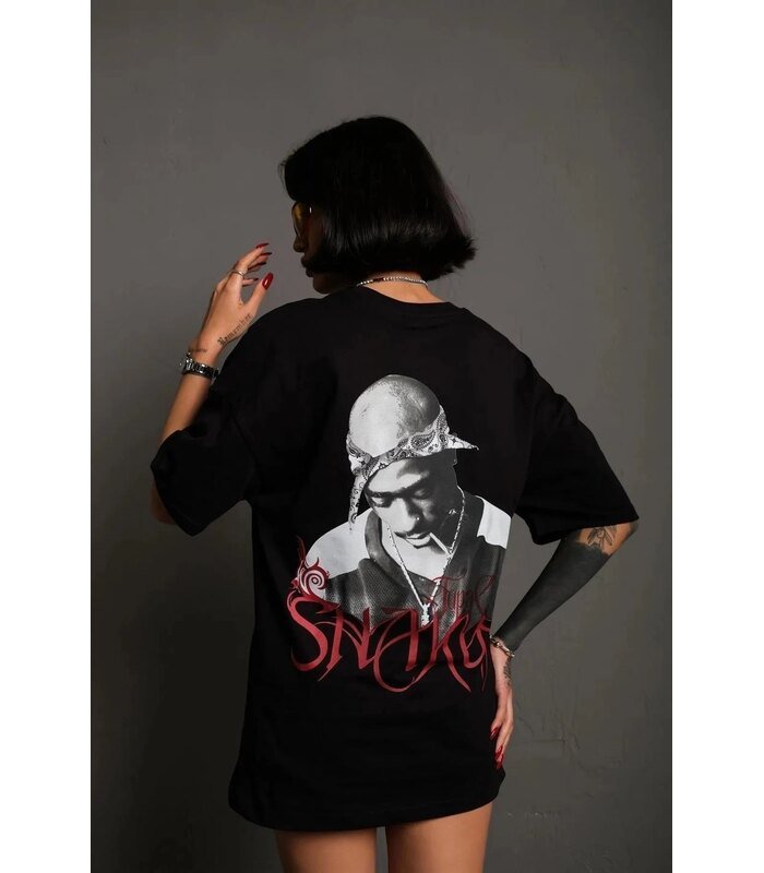 Kadın Baskılı T-Shirt Oversize Kısa kol Bisiklet yaka tişort- Siyah