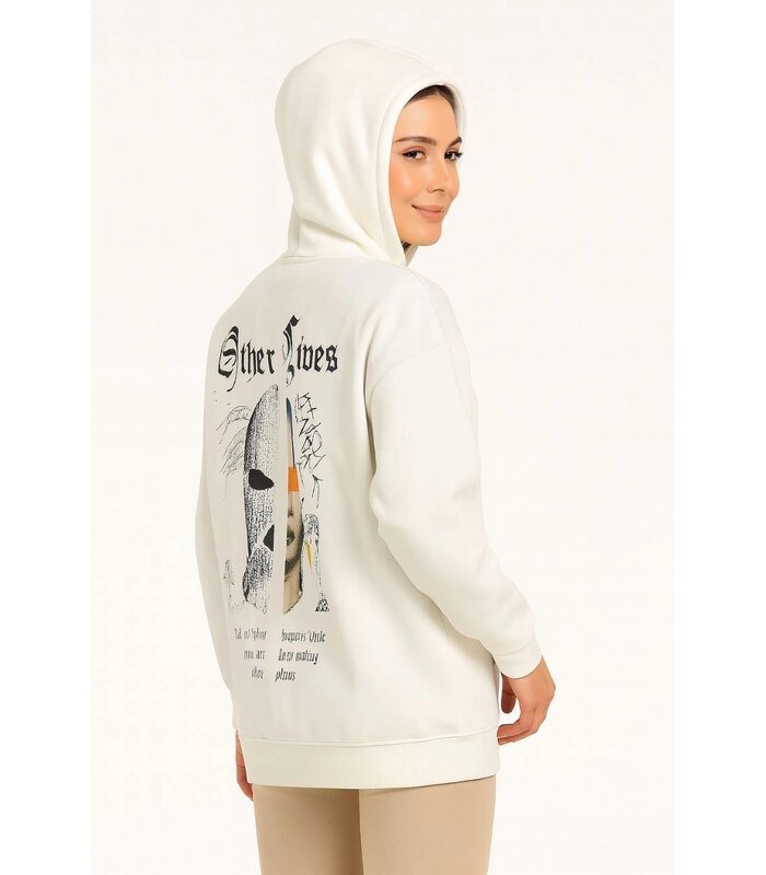 Kadın Kapüşonlu Kanguru Cepli Sweatshirt 3 İplik Pamuklu Baskılı Hoodie - Beyaz