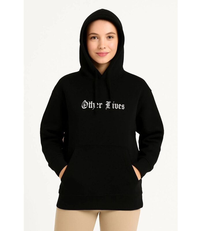 Kadın Kapüşonlu Kanguru Cepli Sweatshirt 3 İplik Pamuklu Baskılı Hoodie - Siyah