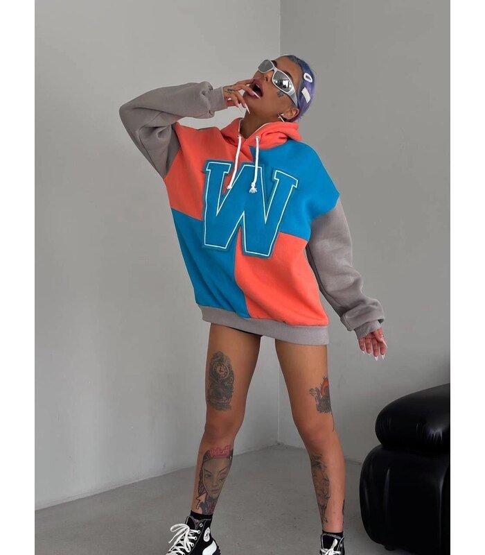 Kadın W Nakış İşlemeli Kapüşonlu 3 iplik pamuklu Parçalı Sweatshirt Hoodie - Mavi