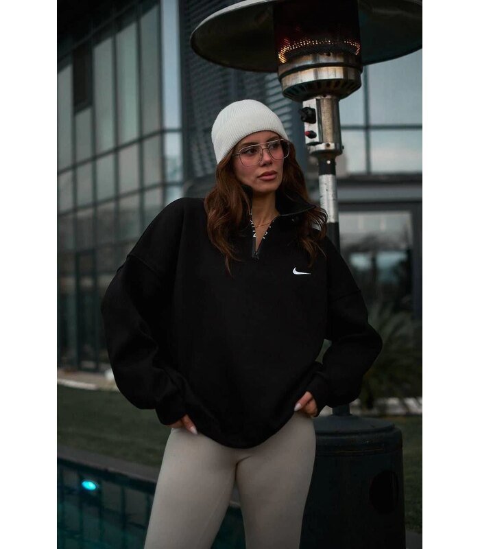 Kadın Yarım Fermuarlı Üç iplik Şardonlu Pamuklu Sweatshirt - Siyah