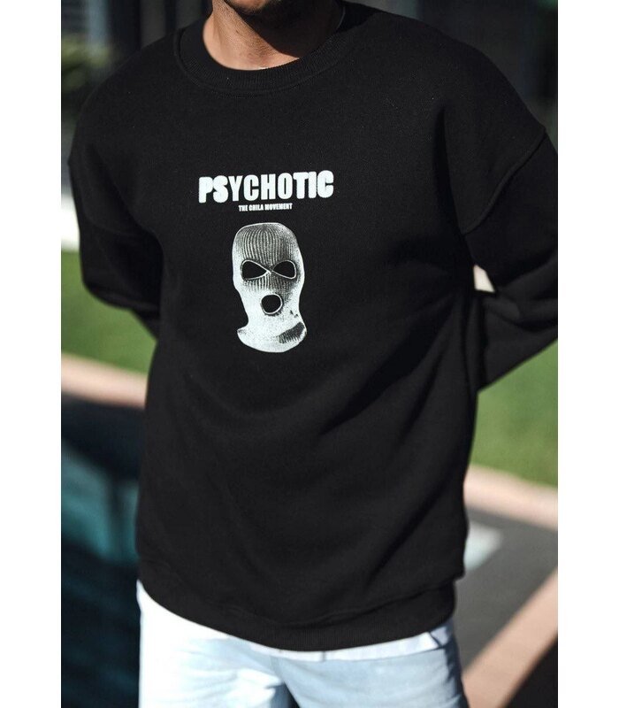 Erkek 3 iplik pamuklu Kışlık Bisiklet Yaka Baskılı SweatShirt - Siyah