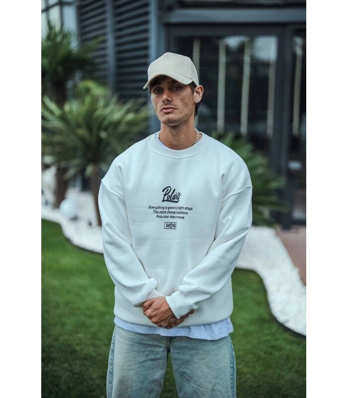 Erkek 3 iplik pamuklu Bisiklet Yaka Ön Ve Arka Baskılı SweatShirt - Beyaz
