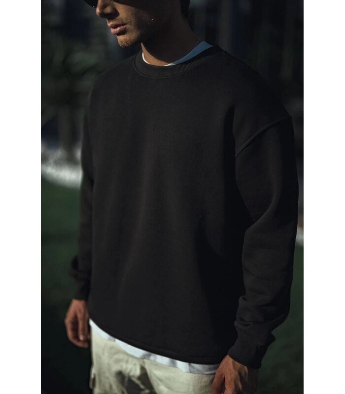 Erkek pamuklu Bisiklet Yaka 3 İplik Basic SweatShirt - Siyah