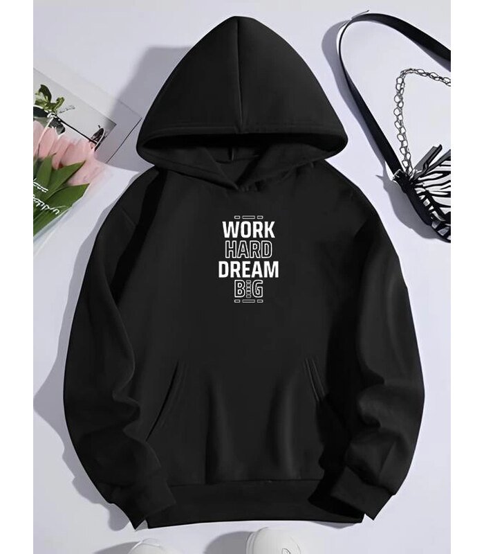 Kadın Oversize Kapüşonlu Cepli Baskılı 3 İplik Pamuklu Hoodie Sweatshirt - Siyah