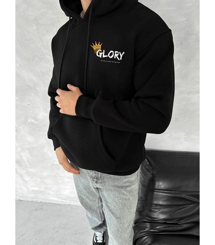 Erkek Kapüşonlu Kanguru Cepli Sweatshirt 3 İplik Pamuklu Baskılı Hoodie - Siyah