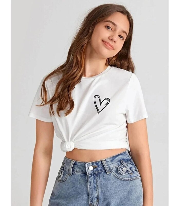 Kız Çocuk Bisiklet Yaka Baskılı T-Shirt - Beyaz