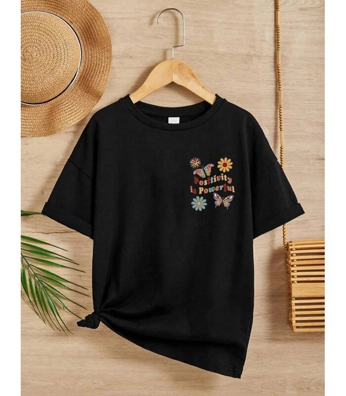 Kız Çocuk Bisiklet Yaka Baskılı T-Shirt - Siyah