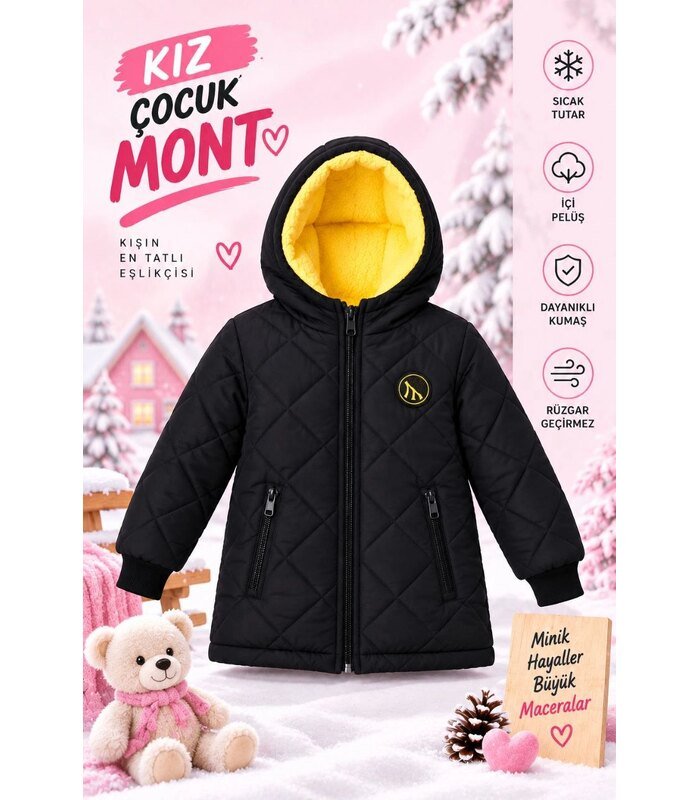 Kız Çocuk İçi Pelüş Astarlı Kapüşonlu Kapitone Fermuarlı Kışlık Şişme Mont