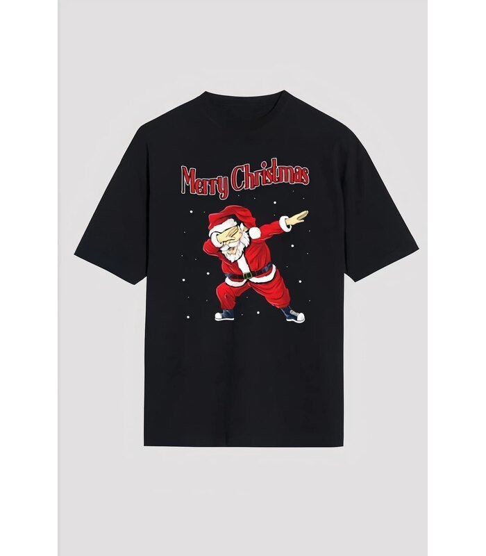 Yılbaşı Merry Christmas Noel Baba Baskılı Oversize Bisiklet Yaka T-shirt - Siyah