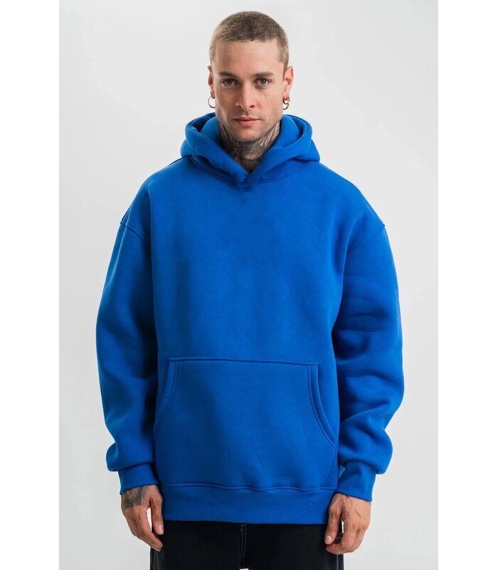 Erkek Oversize 3 İplik Pamuklu Kapüşonlu Kanguru Cepli Hoodie Sweatshirt - Saks Mavisi