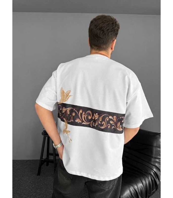 Erkek T-Shirt Ön ve Arka Baskılı Oversize Bisiklet Yaka tişort - Beyaz