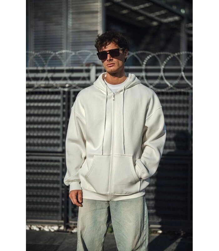 Erkek Tam Fermuarlı Cepli Kapüşonlu 3 iplik pamuklu hoodie Sweatshirt - Beyaz