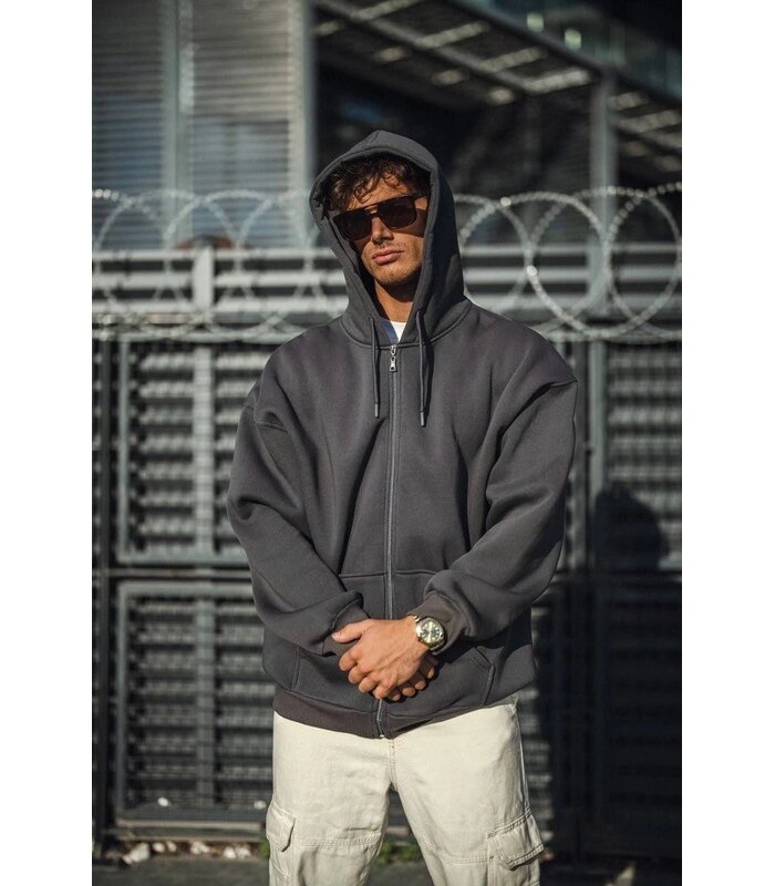 Erkek Tam Fermuarlı Cepli Kapüşonlu 3 iplik pamuklu hoodie Sweatshirt - Füme