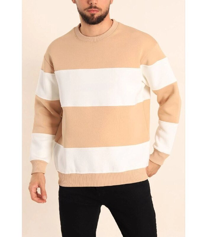 Erkek 3 iplik pamuklu Parçalı Bisiklet Yaka SweatShirt - Bej
