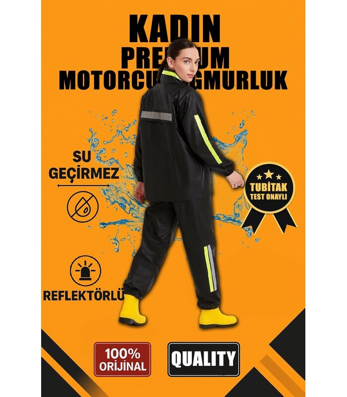 Kadın Premium Motorcu Kurye Yağmurluk Takım Su Geçirmez PVC Reflektörlü Siyah