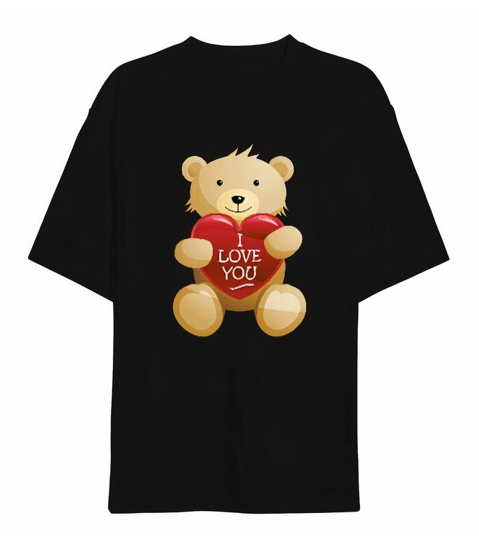 14 Şubat Sevgililer Günü I Love You Ayı Baskılı Oversize Bisiklet Yaka T-shirt - Siyah
