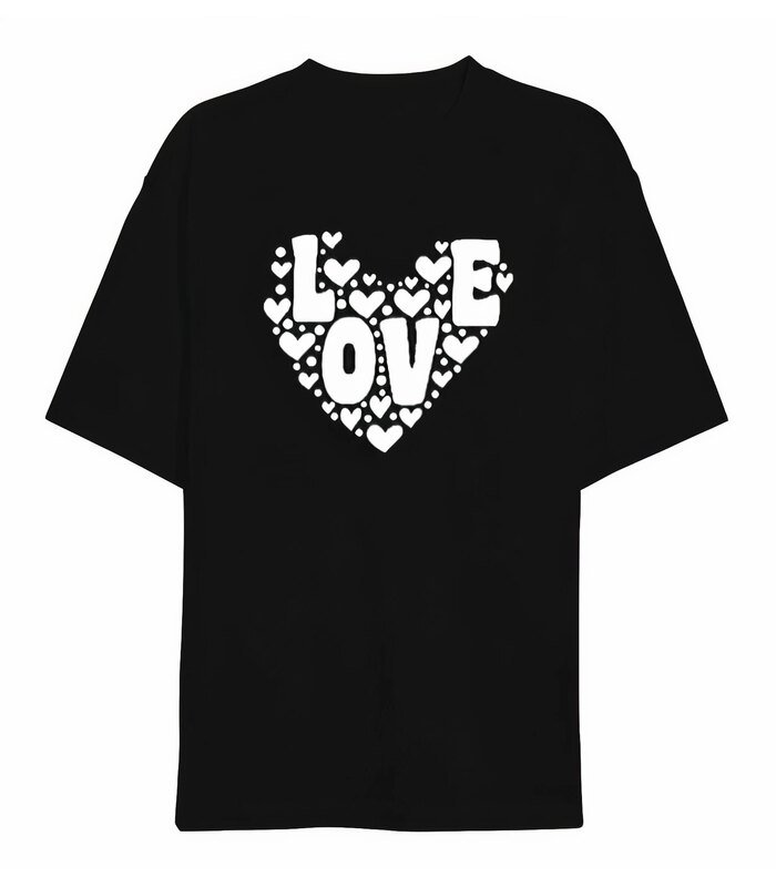 14 Şubat Sevgililer Günü Love Kalp Baskılı Oversize Bisiklet Yaka T-shirt - Siyah