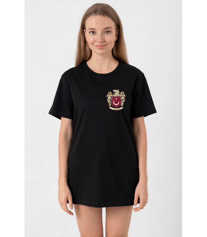 Türk Arma Baskılı Oversize Bisiklet Yaka Günlük T-shirt - Siyah
