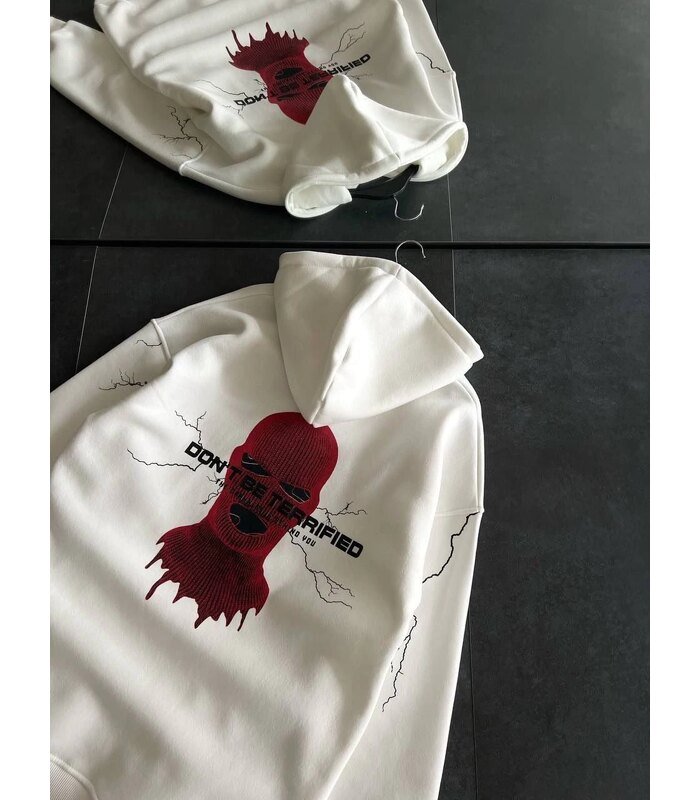Kadın Kapüşonlu Kanguru Cepli Sweatshirt 3 İplik Pamuklu Baskılı Hoodie - Beyaz