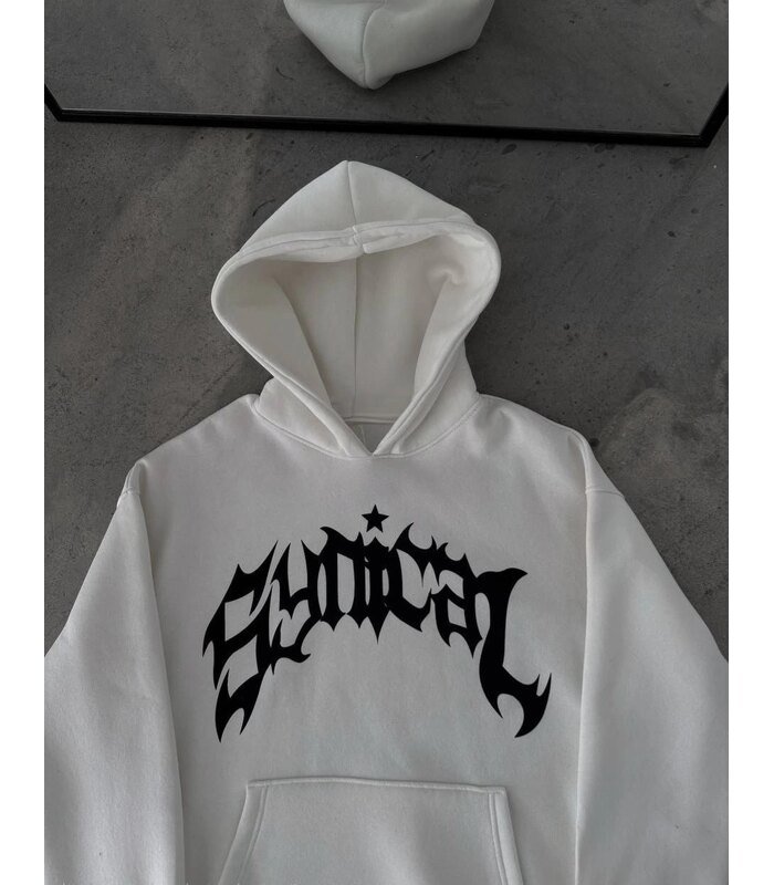 Erkek Kapüşonlu Kanguru Cepli Sweatshirt 3 İplik Pamuklu Baskılı Hoodie - Beyaz