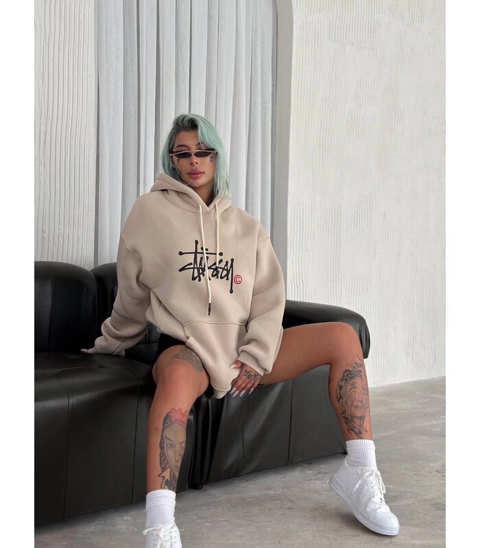 Kadın Oversize Kapüşonlu Cepli Baskılı 3 İplik Pamuklu Hoodie Sweatshirt - Bej