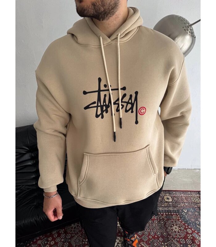 Erkek Üç İplik Kapşonlu Baskılı SweatShirt - Bej