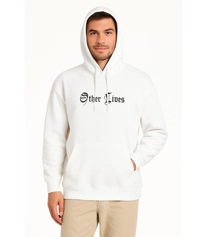 Erkek Kapüşonlu Kanguru Cepli Sweatshirt 3 İplik Pamuklu Baskılı Hoodie - Beyaz
