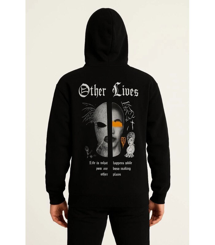 Erkek Kapüşonlu Kanguru Cepli Sweatshirt 3 İplik Pamuklu Baskılı Hoodie - Siyah