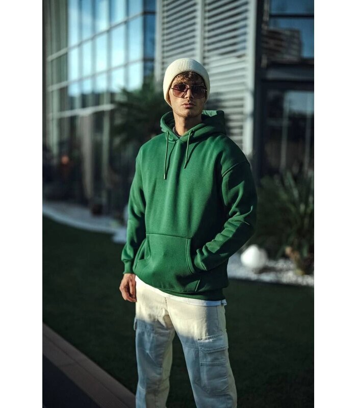 Erkek 3 İplik Pamuklu Kapüşonlu Basic SweatShirt Hoodie - Haki