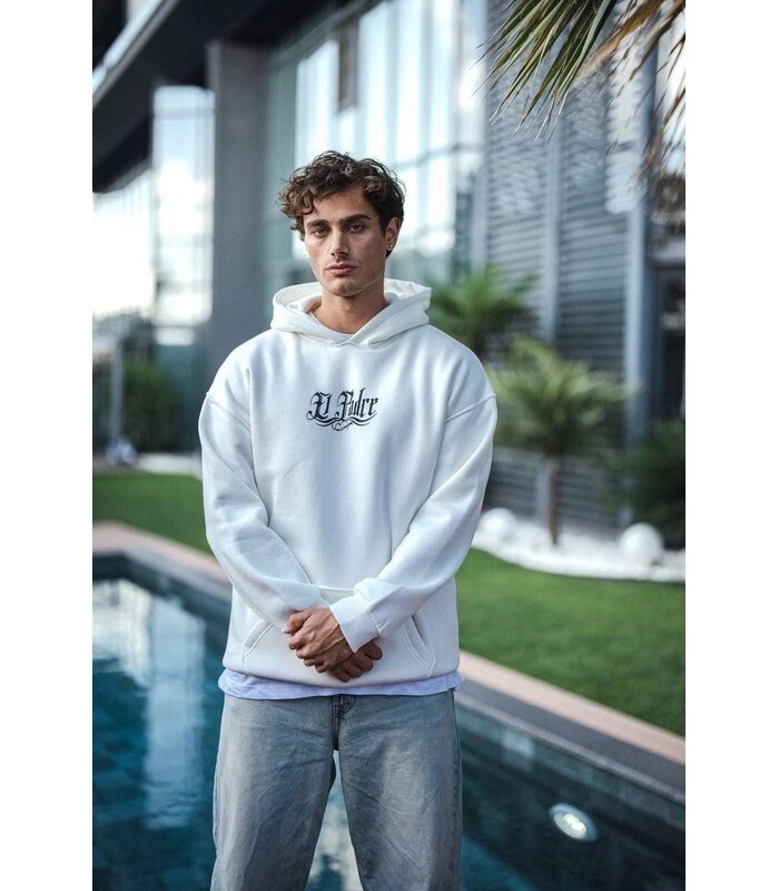 Erkek Kapüşonlu Kanguru Cepli Sweatshirt 3 İplik Pamuklu Baskılı Hoodie - Beyaz