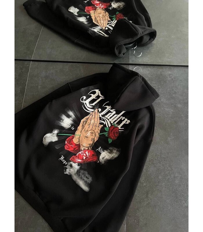 Kadın Oversize Kapüşonlu Cepli Baskılı 3 İplik Pamuklu Hoodie Sweatshirt - Siyah