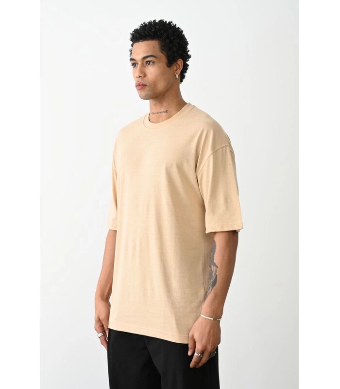 Erkek Tişört Düz Basic Penye Yazlık Bisiklet Yaka Kısa Kol T-Shirt - Bej
