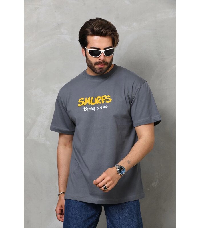 Erkek Kısa Kol Yazlık Tişört Bisiklet Yaka Baskılı Oversize T-Shirt - Füme