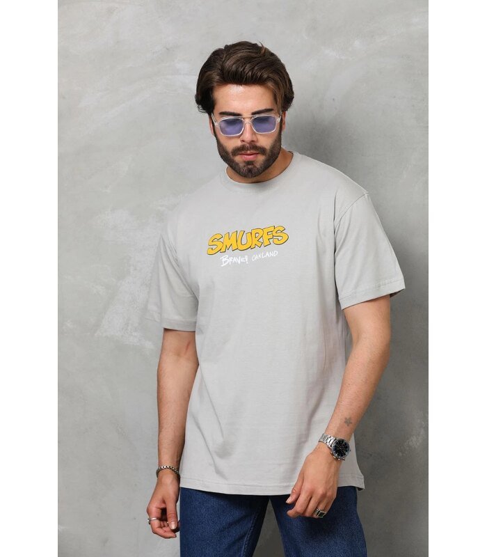 Erkek Kısa Kol Yazlık Tişört Bisiklet Yaka Baskılı Oversize T-Shirt - Gri