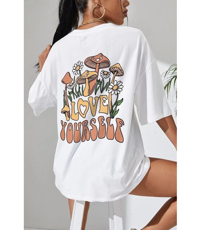 Kadın Baskılı Oversize kısa kol T-Shirt - Beyaz
