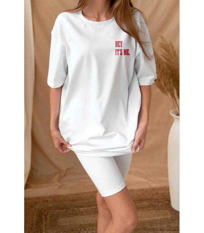 Kadın Baskılı T-Shirt Kısa Kol Bisiklet Yaka Oversize Rahat Kalıp Tişört - Beyaz