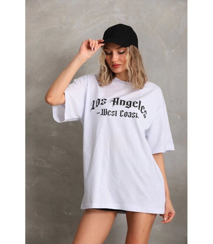 Kadın Baskılı Tişört Kısa Kol Bisiklet Yaka Oversize T-Shirt - Beyaz