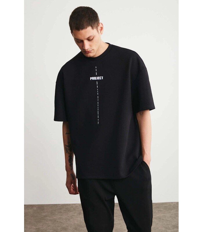 Erkek Baskılı T-Shirt Kısa Kol Bisiklet Yaka Regular Fit Rahat Kalıp Tişört - Siyah