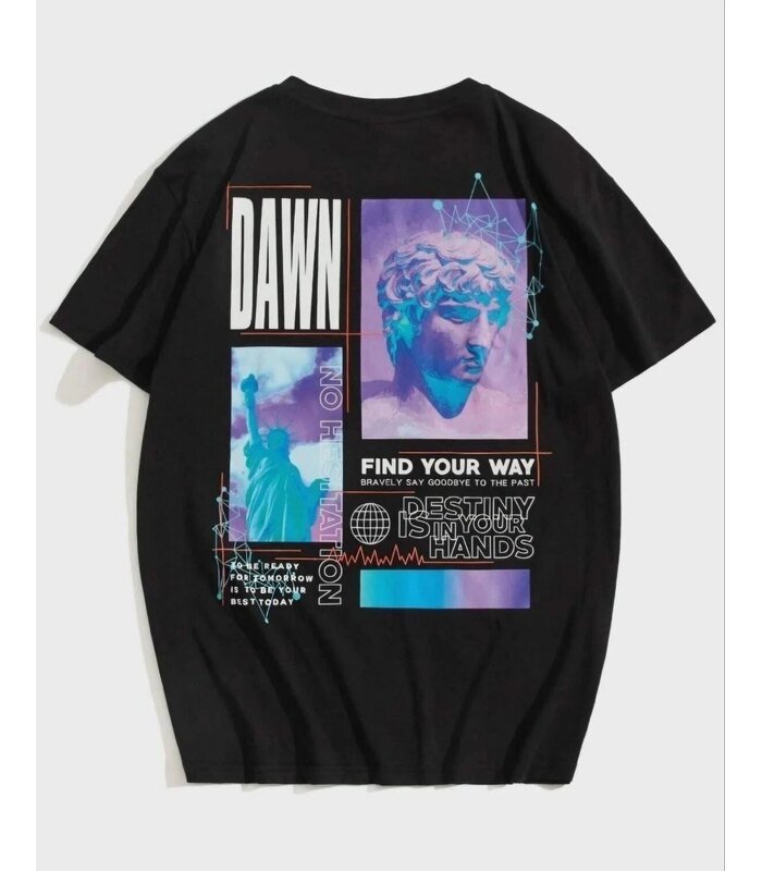 Kadın Baskılı T-Shirt Kısa Kol Bisiklet Yaka Oversize Rahat Kalıp Tişört - Siyah