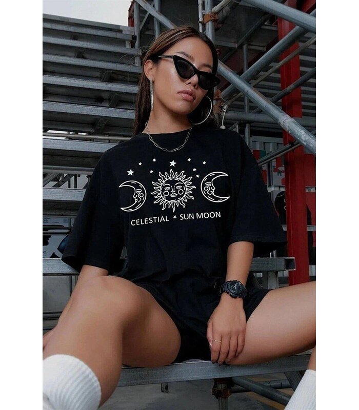 Kadın Baskılı T-Shirt Kısa Kol Bisiklet Yaka Oversize Rahat Kalıp Tişört - Siyah