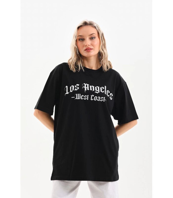 Kadın Baskılı Tişört Kısa Kol Bisiklet Yaka Oversize T-Shirt - Siyah