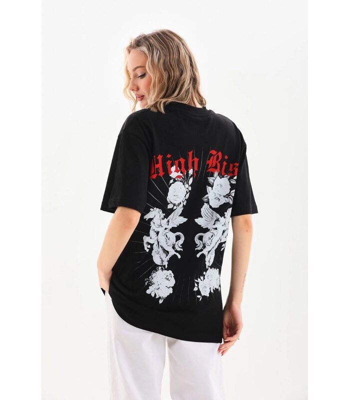 Kadın Kısa Kol Yazlık Tişört Bisiklet Yaka Baskılı Oversize T-Shirt - Siyah