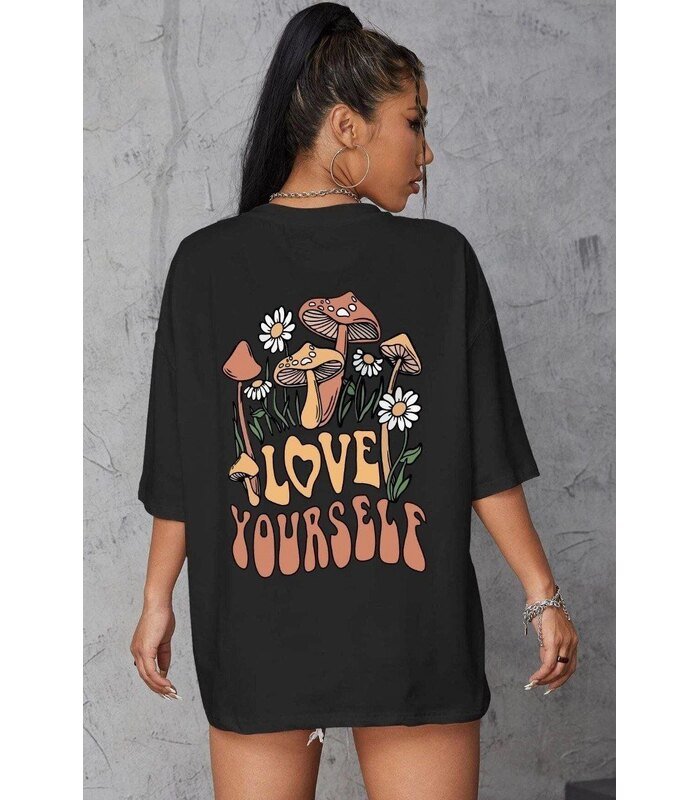 Kadın Baskılı Oversize kısa kol T-Shirt - Siyah