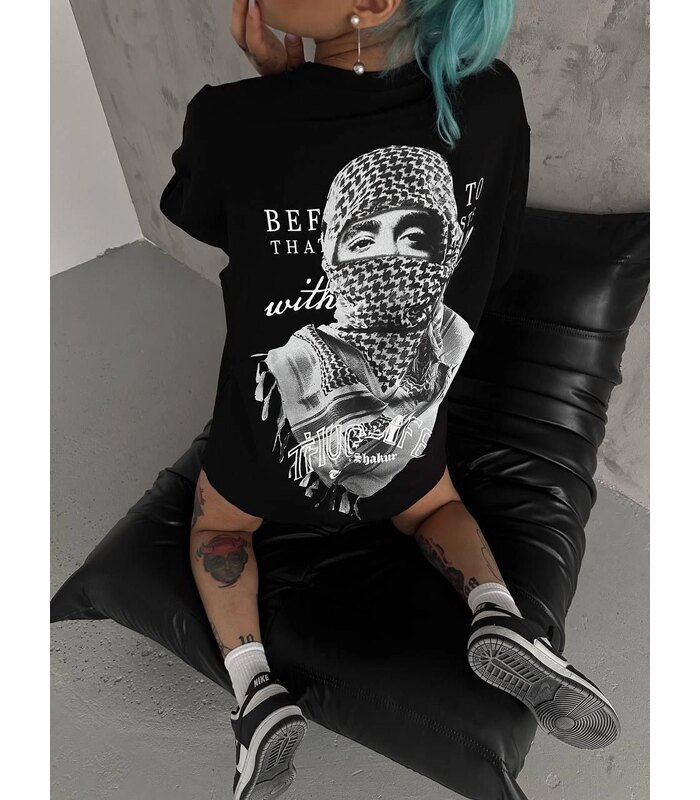 Kadın Kısa Kol Tişört Bisiklet Yaka Filistin Poşülü Baskılı T-Shirt - Siyah