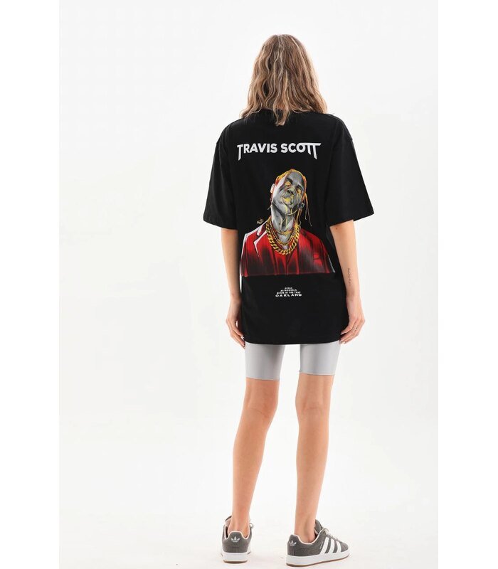 Kadın Baskılı T-Shirt Kısa Kol Bisiklet Yaka Oversize Rahat Kalıp Günlük Tişört - Siyah